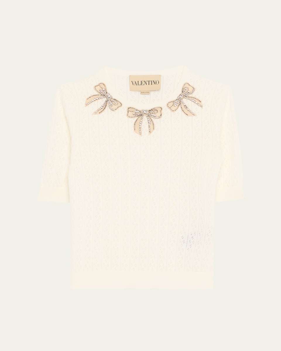 Crystal Bow Collar Short-Sleeve Pointelle Knit Top